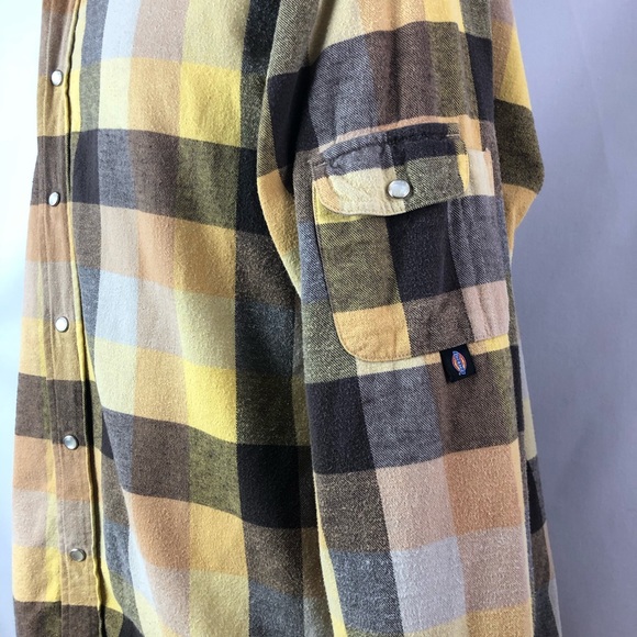 Dickies plaid flannel yellow brown snap shirt SzXL - Picture 4 of 8